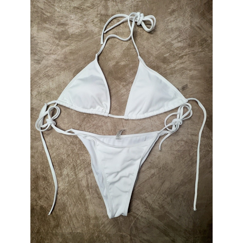Womens White String Bikini Set Size Large Triangle Top Side Tie Bottom Swimwear